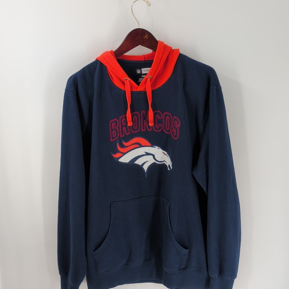 Denver Broncos NFL Team Apparel Mens Blue Orange Fleece Pullover Hoodie Size L